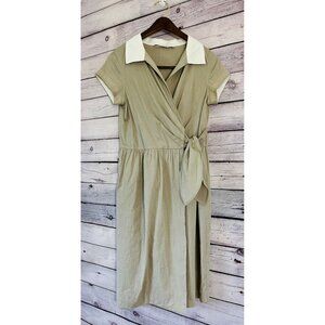 Pell & Co Short Sleeve Beige Silk Blend Faux Wrap Dress ~Women’s Size 4
